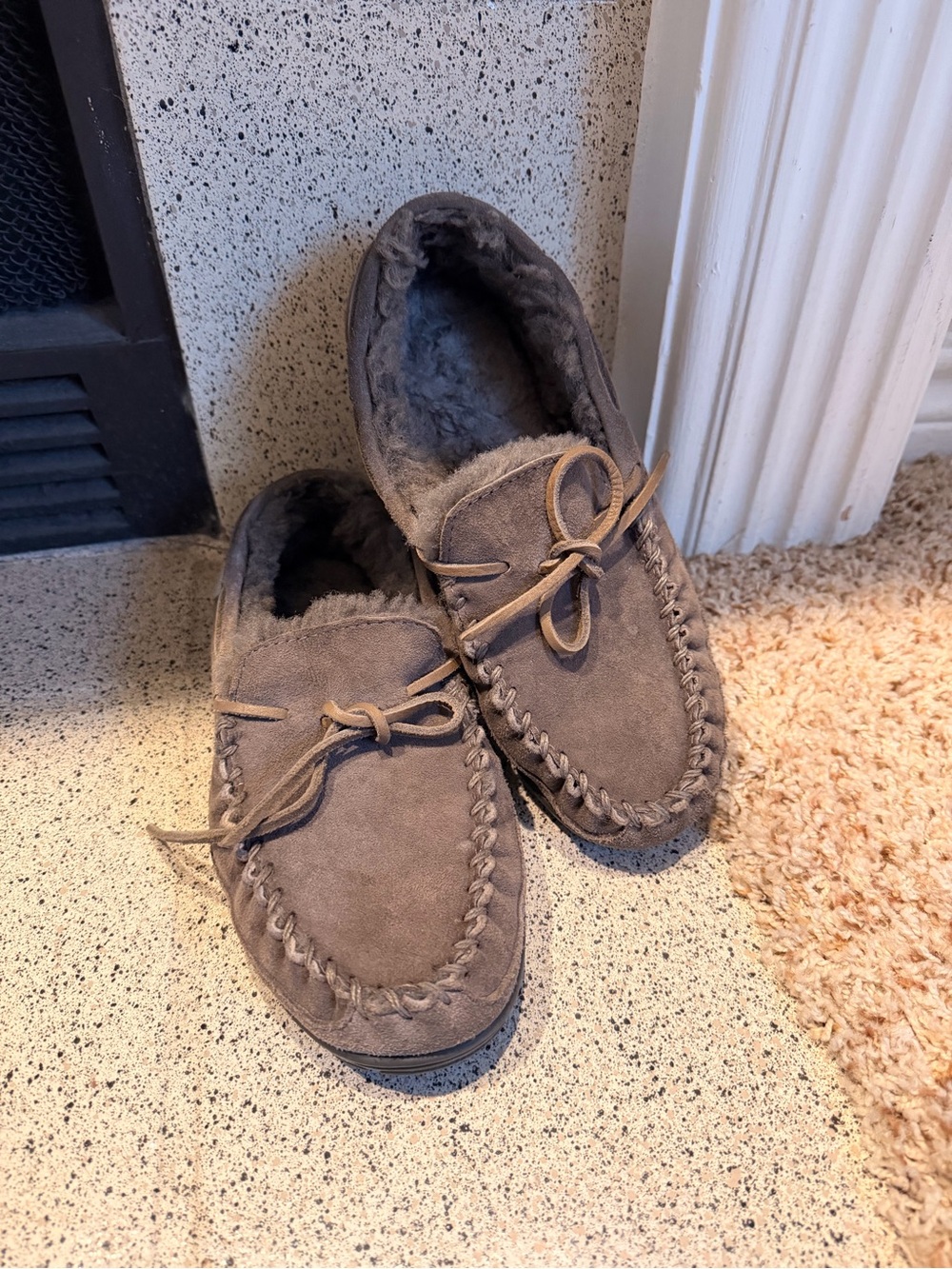 L.L. Bean Men's Taupe Suede Moccasin Slippers with Shearling Lining